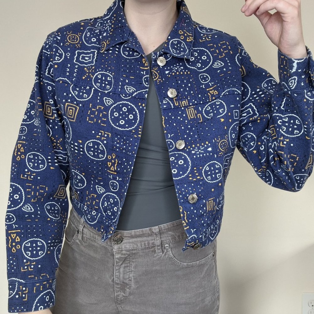 J Crew Funky Abstract Pattern Blue Denim Jacket - Picture 2 of 3